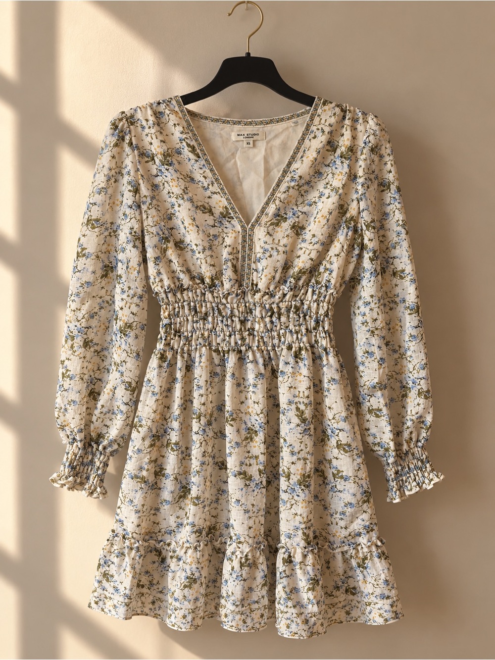 NWOT Max Studio Cream Floral V-Neck Long Sleeve Smocked Dress